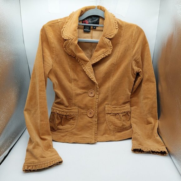 BKE Womens Corduroy Jacket Size Medium Ruffle Trim Boho Blazer Tan Coquette - Picture 8 of 8
